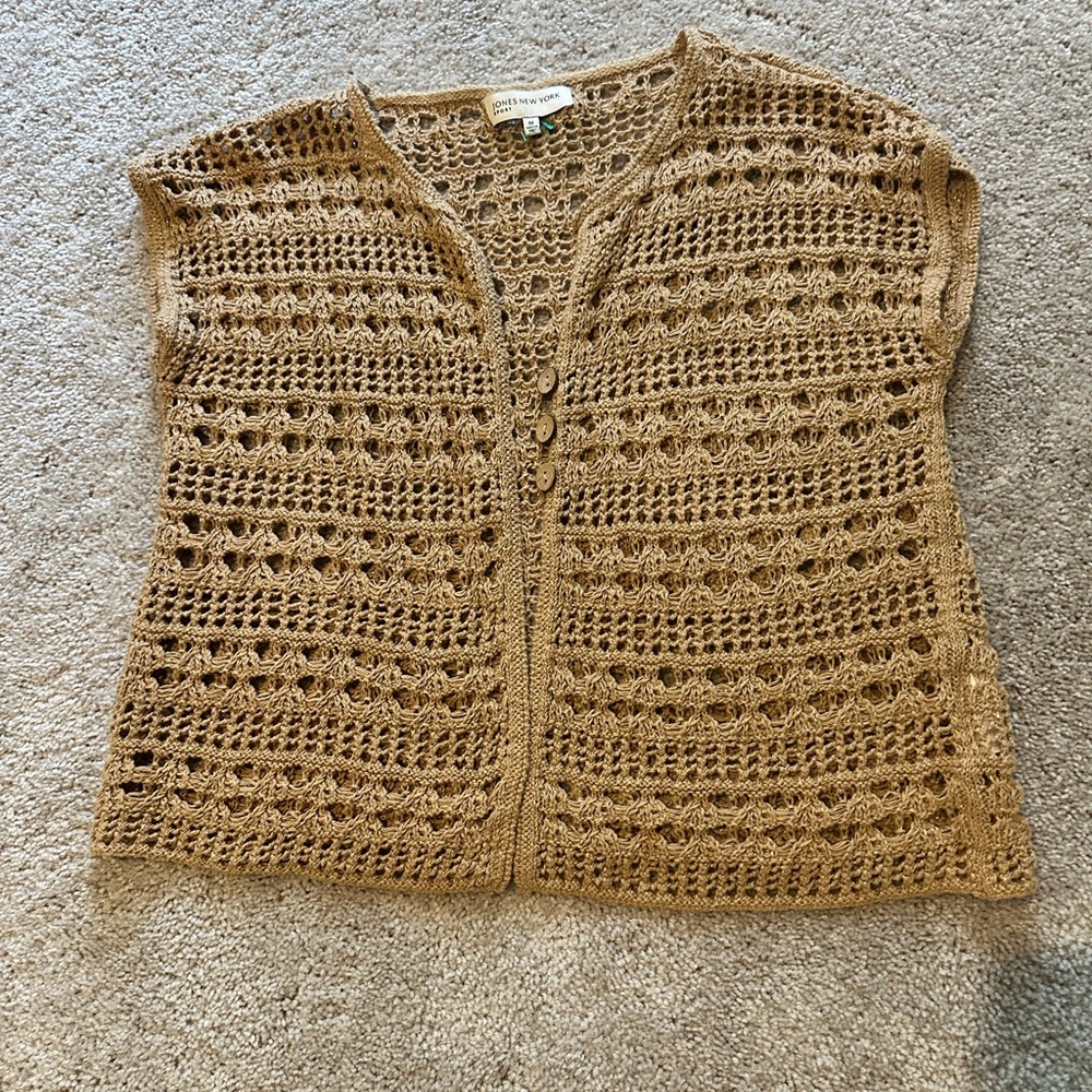 Vintage Jones New York Crochet Openwork ButtonFront Vest 
Camel Metallic Threads